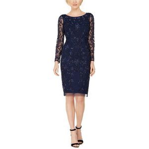 Adrianna Papell Womens Beaded Midi Sheath Dress, Blue, DM